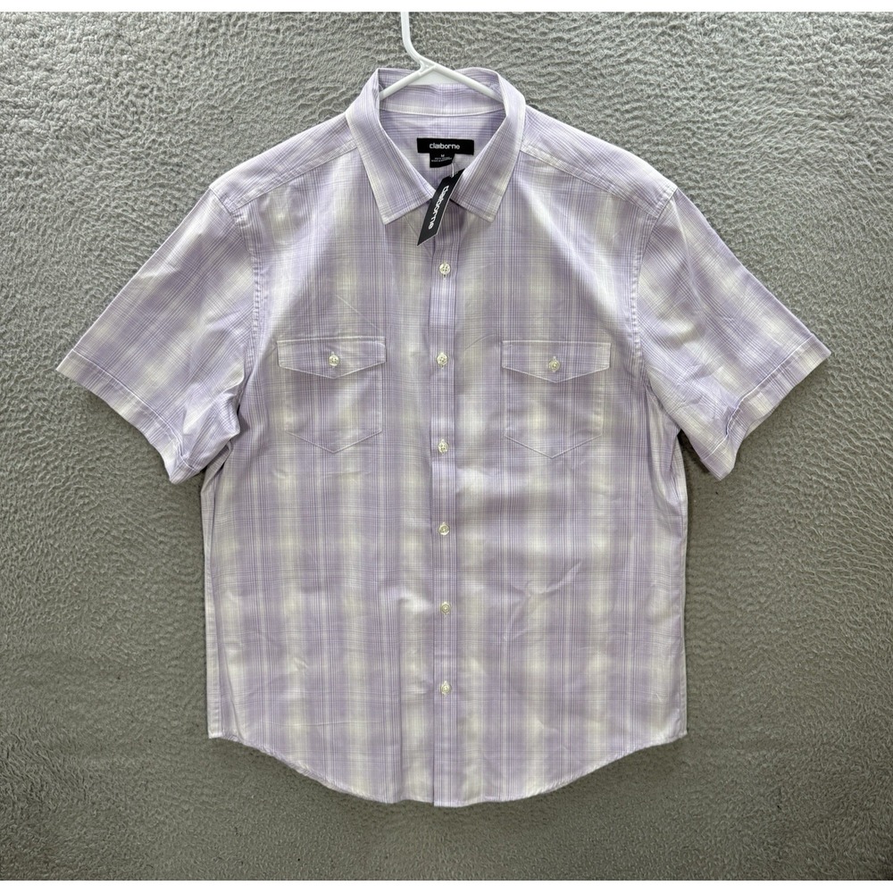 Claiborne Shirt Adult Medium French Lilac Plaid Performance Stretch Casual NEW